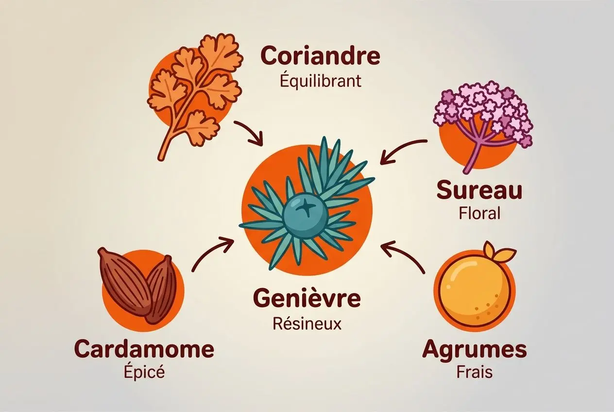 Botaniques du gin: schéma montrant le genièvre résineux entouré de coriandre équilibrante, sureau florale et agrumes frais, avec cardamome épicée.
