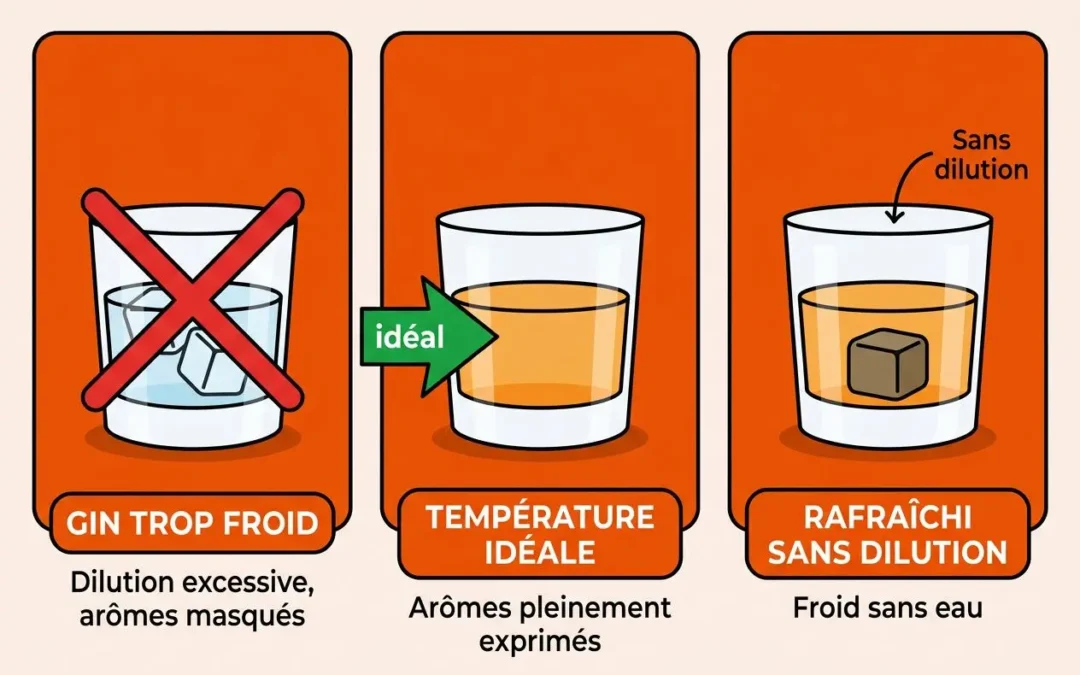 Illustration pédagogique sur "comment déguster un bon gin" en trois étapes: éviter le gin trop froid avec glaçons, servir à température idéale pour des arômes pleinement exprimés, et rafraîchir sans dilution avec un glaçon solide.