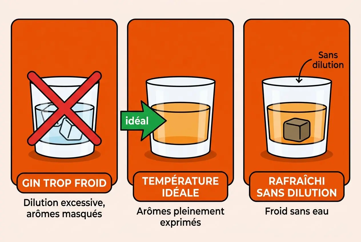 Illustration pédagogique sur "comment déguster un bon gin" en trois étapes: éviter le gin trop froid avec glaçons, servir à température idéale pour des arômes pleinement exprimés, et rafraîchir sans dilution avec un glaçon solide.