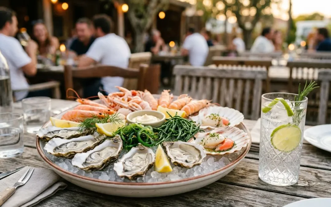 Plateau de fruits de mer frais (huîtres, crevettes) sur glace, accompagné de citron et d’herbes, avec un cocktail gin et fruits de mer à côté.