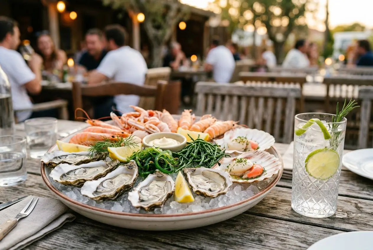 Plateau de fruits de mer frais (huîtres, crevettes) sur glace, accompagné de citron et d’herbes, avec un cocktail gin et fruits de mer à côté.