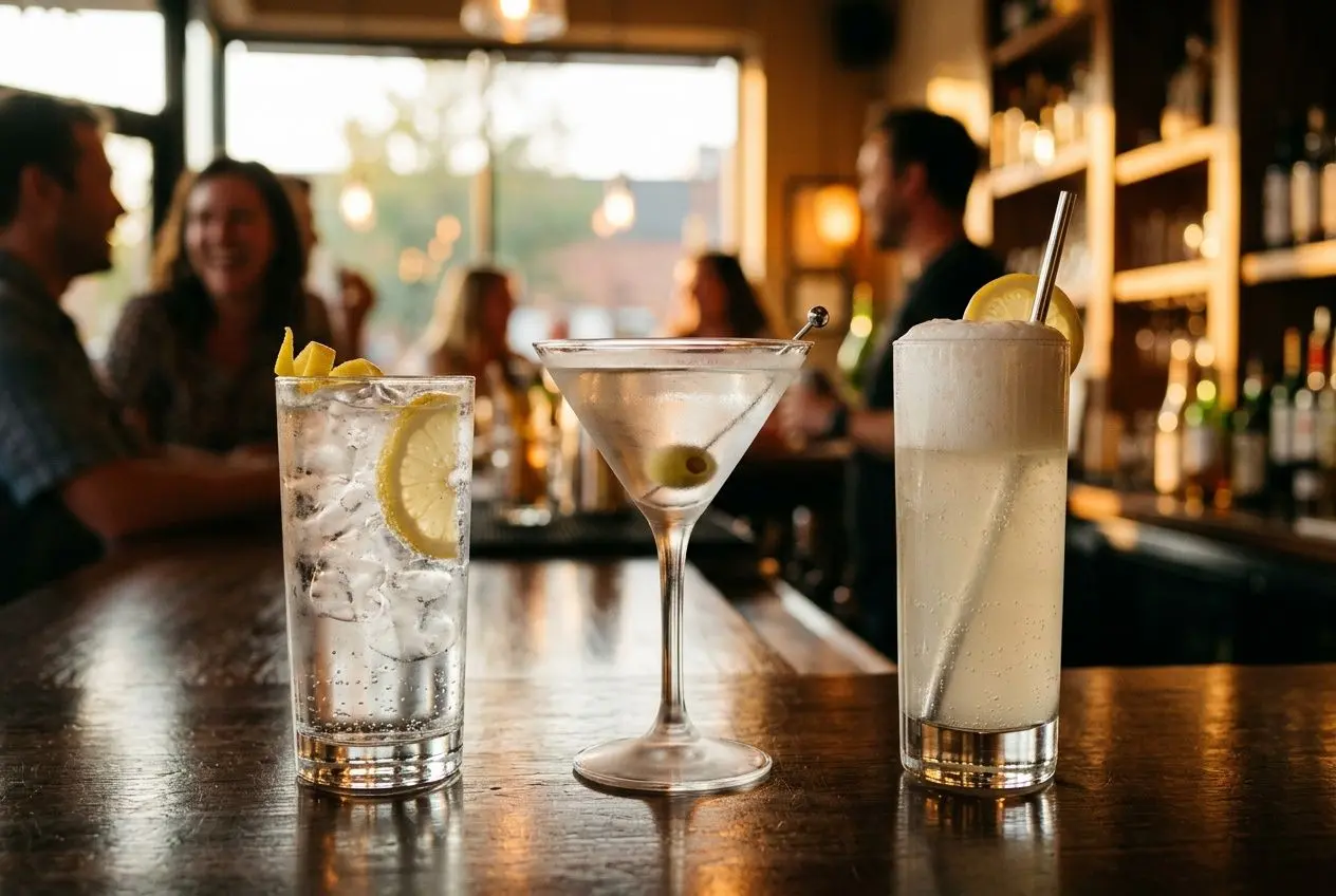 Trois verres de gin et cocktails sur le bar, avec des citrons et des glaçons, ambiance bar convivial. Comment déguster un bon gin évoqué.
