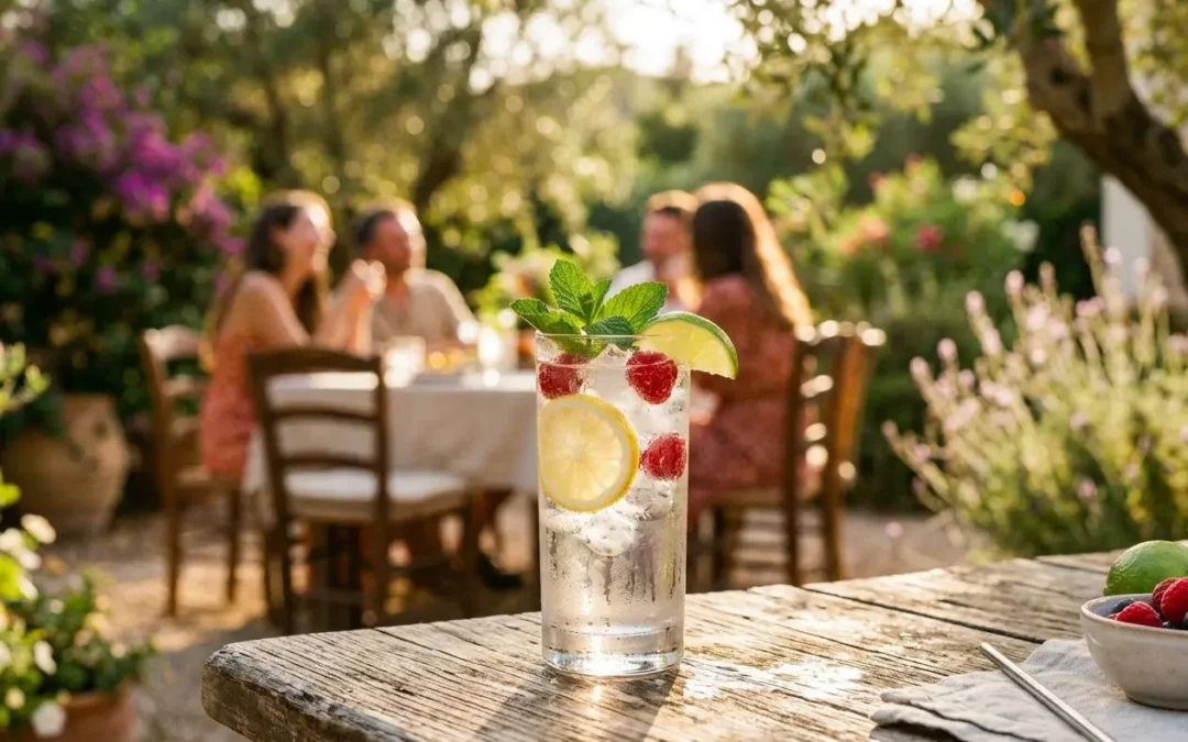 Cocktail gin été rafraîchissant servi dans un verre avec limon, framboises et menthe, sur une table en bois en terrasse estivale.