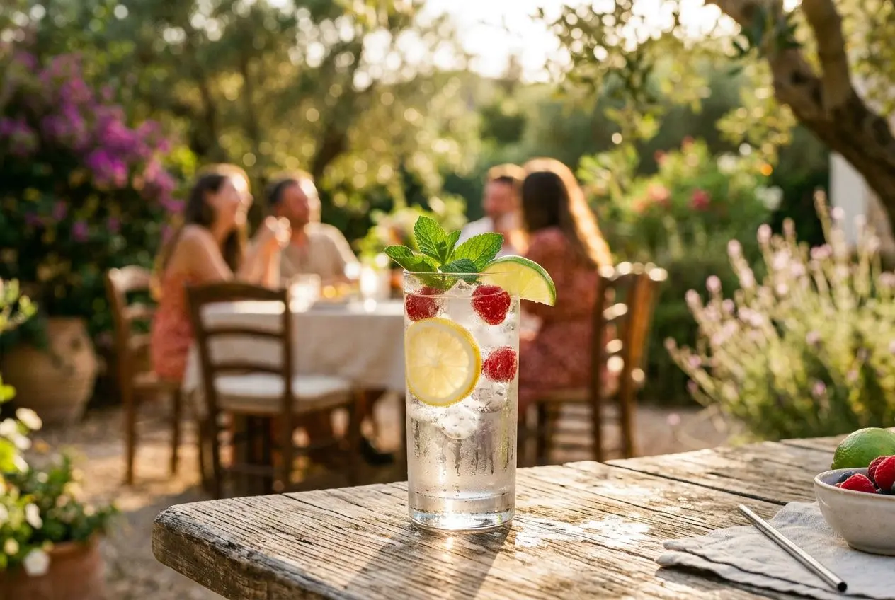 Cocktail gin été rafraîchissant servi dans un verre avec limon, framboises et menthe, sur une table en bois en terrasse estivale.