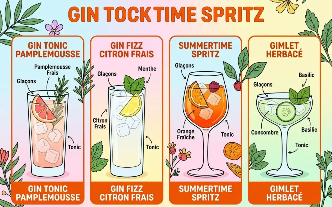 Gif des cocktails gin botanique avec quatre verres illustrés: Gin Tonic Pamplemousse, Gin Fizz Citron Frais, Summertime Spritz et Gimlet Herbacé, ingrédients et garnitures visibles. recette cocktail gin botaniques