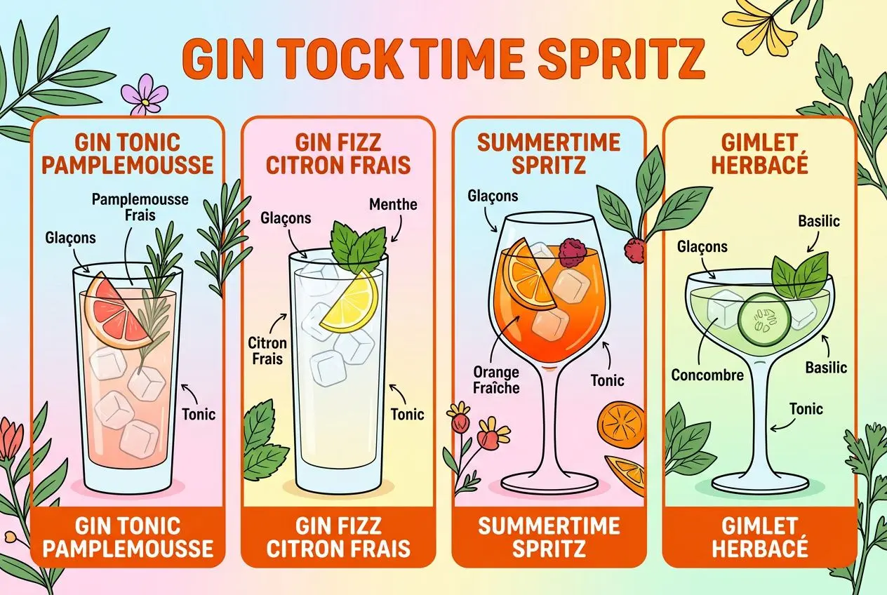 Illustration éducative « Gin Tock Time Spritz » montrant quatre cocktails: Gin Tonic Pamplemousse, Gin Fizz Citron Frais, Summertime Spritz et Gimlet Herbacé, avec fruits, herbes et verres colorés. Gin et gastronomie intégrée.