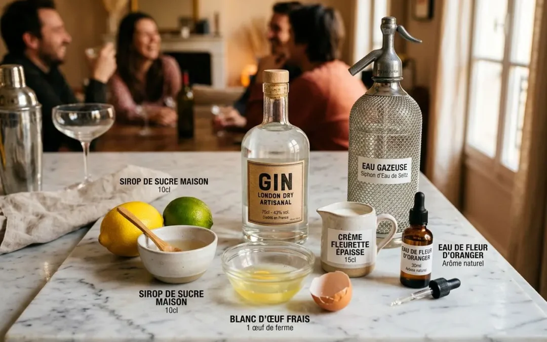 Mise en place pour la recette mousse gin citron: bouteille de gin, sirops maison et jus de citron, œuf frais, blanc d’œuf, crème fleurentine et zestes, prêt pour un gin fizz mousseux.