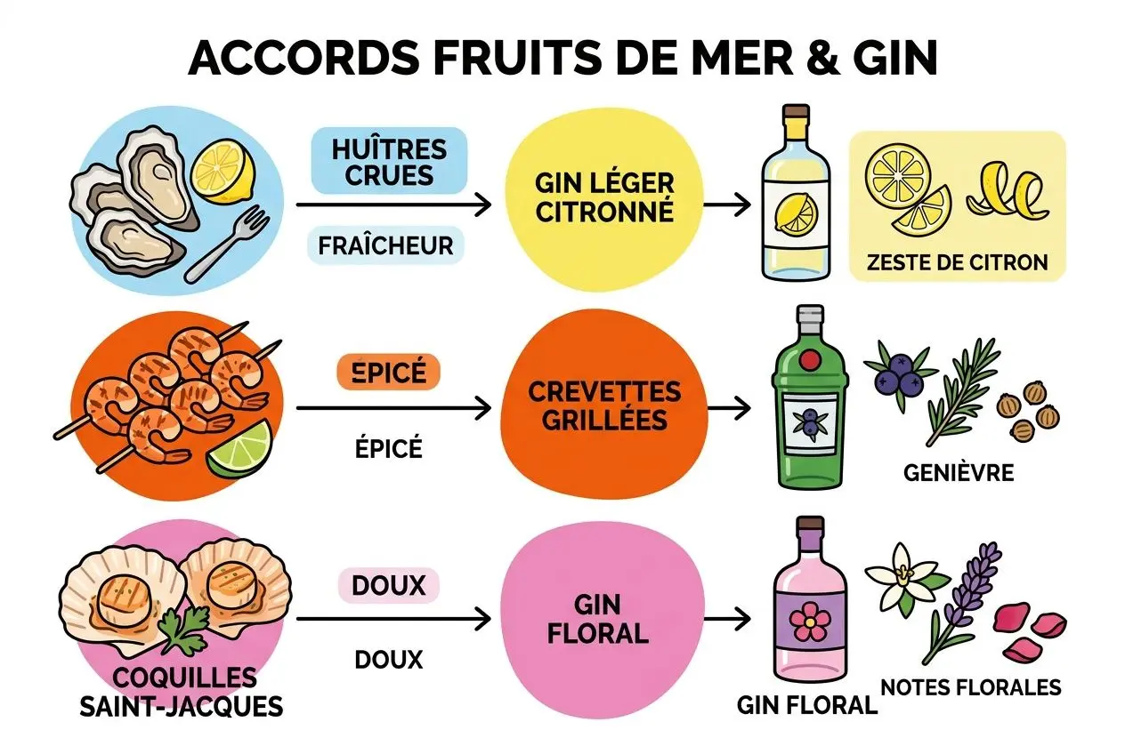 Schéma illustrant les accords fruits de mer et gin: huîtres fraîches, gin léger citronné et zeste de citron; crevettes épicées associées au gin grillées avec genièvre; coquilles Saint-Jacques douces au gin floral avec notes florales et gin floral.
