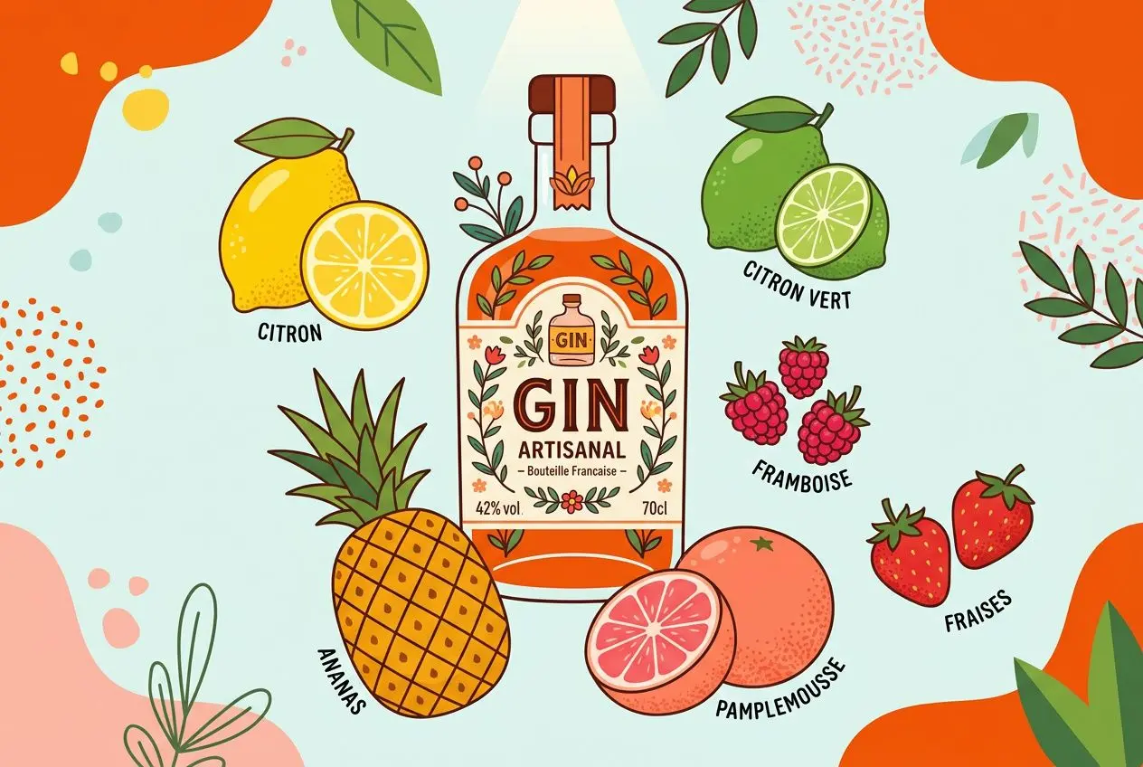 Bouteille de gin artisanal entourée de fruits (citron, citron vert, pamplemousse, fraises, framboises, ananas, kiwi) et feuilles, illustrant des mélanges possibles pour gin mélange avec quoi.