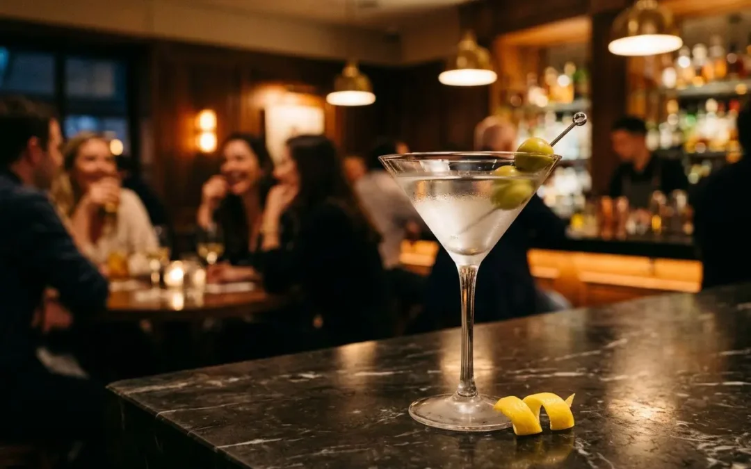 Martini gin recette: verre martini transparent garni d’olive, sur le comptoir sombre près d’un bar animé.