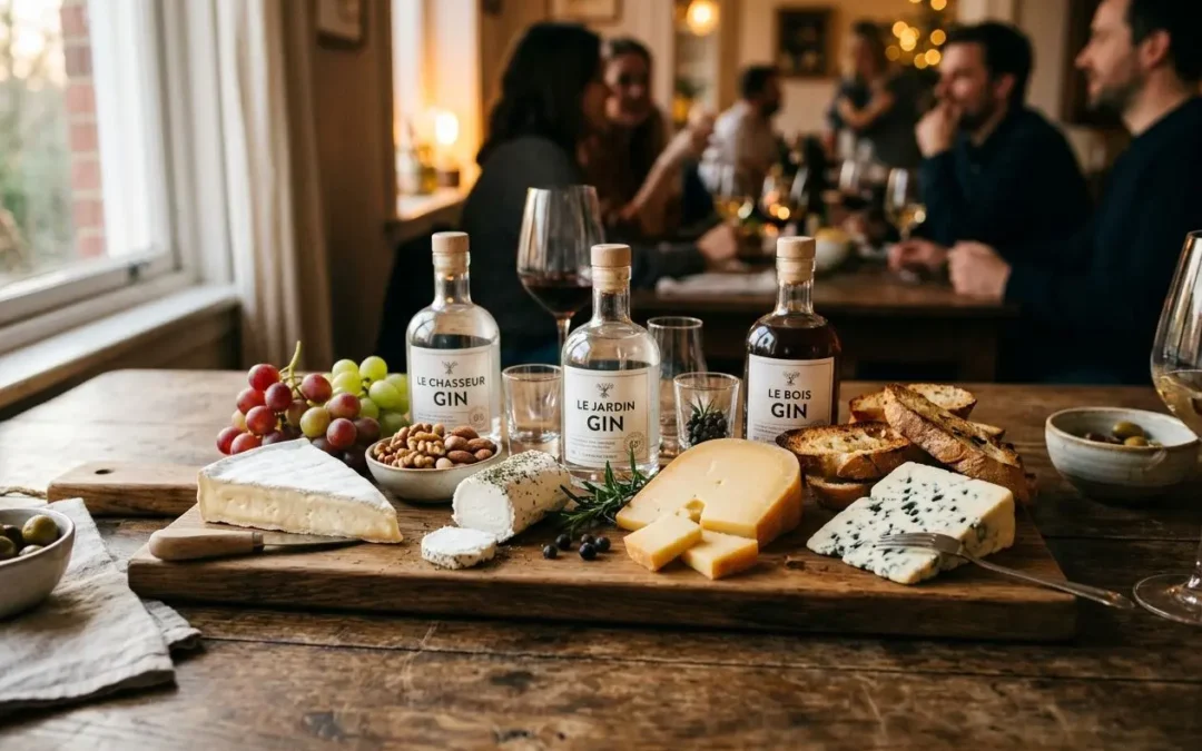 Planche de fromages et trois bouteilles de gin, accompagnée de raisins et d’amandes, dégustation conviviale. Gin et fromage.