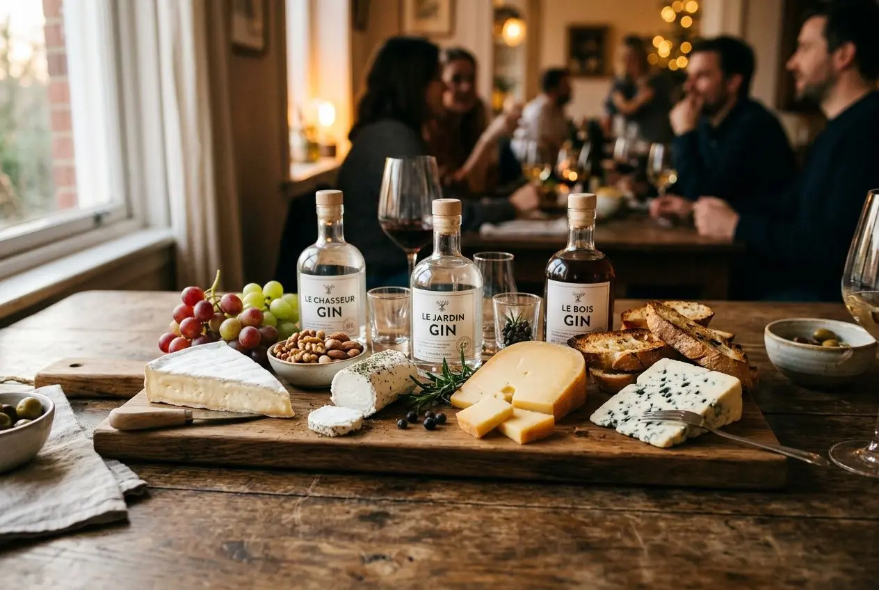 Planche de fromages et trois bouteilles de gin, accompagnée de raisins et d’amandes, dégustation conviviale. Gin et fromage.