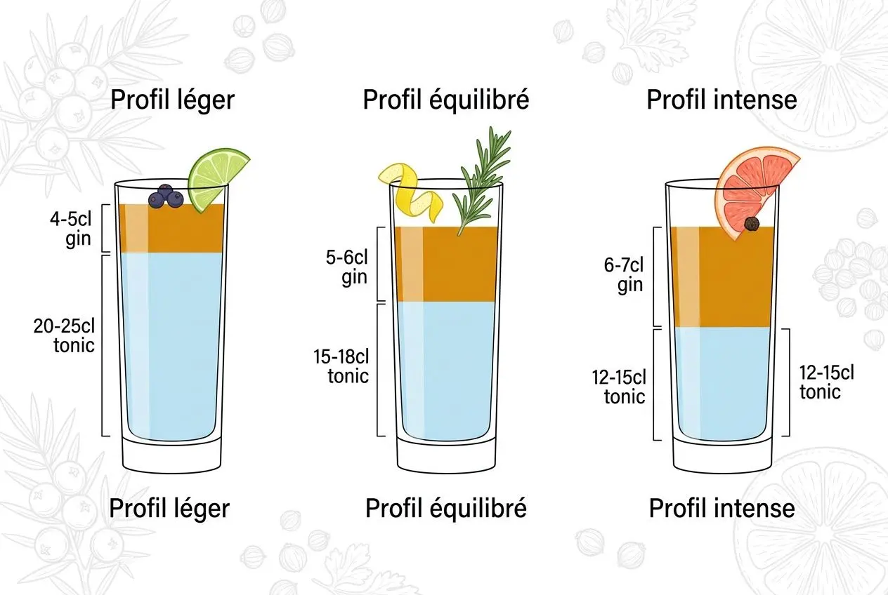 Profil léger, équilibré et intense de gin et tonic avec mesures: 4-5 cl gin et 20-25 cl tonic pour léger; 5-6 cl gin et 15-18 cl tonic pour équilibré; 6-7 cl gin et 12-15 cl tonic pour intense. Inclut le concept de gin degré alcool intégré.
