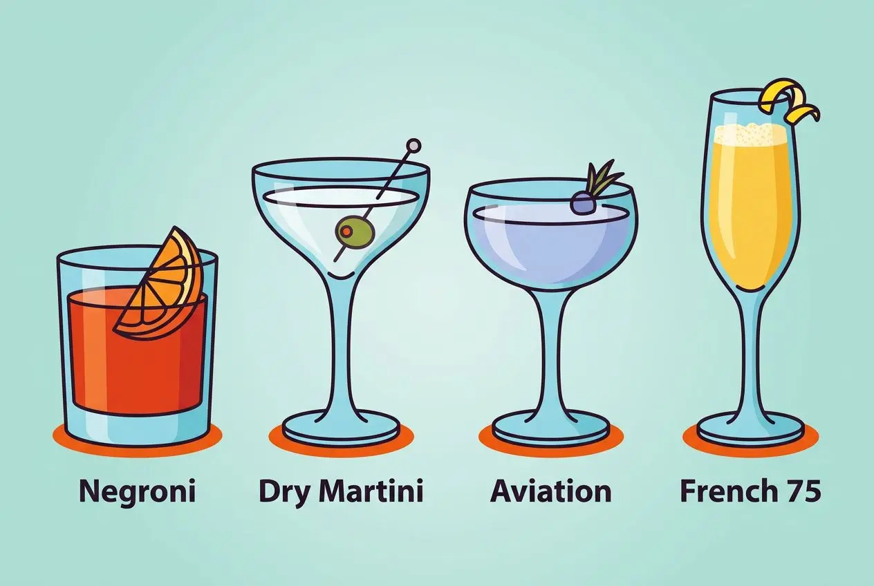 Quatre verres à cocktails alignés avec leurs noms: Negroni, Dry Martini, Aviation et French 75, sur fond bleu. Inclut le thème recette cocktail gin.