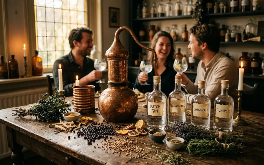 Trois amis dégustent des gin origines autour d'une table antique avec alambic et bouteilles botanicals.