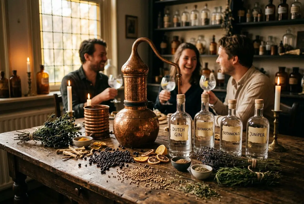Trois amis dégustent des gin origines autour d'une table antique avec alambic et bouteilles botanicals.