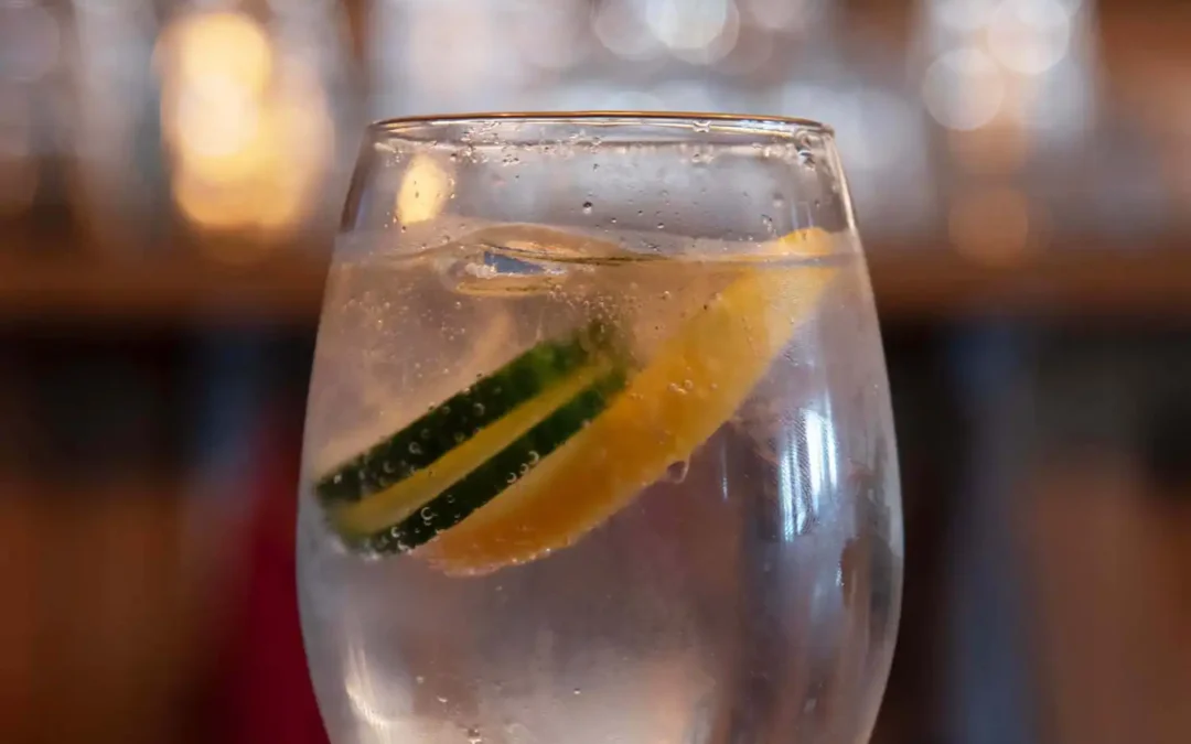 Verre ronds rempli de gin tonic clair avec glaçons et rondelles de citron vert et citron, prêt pour une recette gin tonic facile.