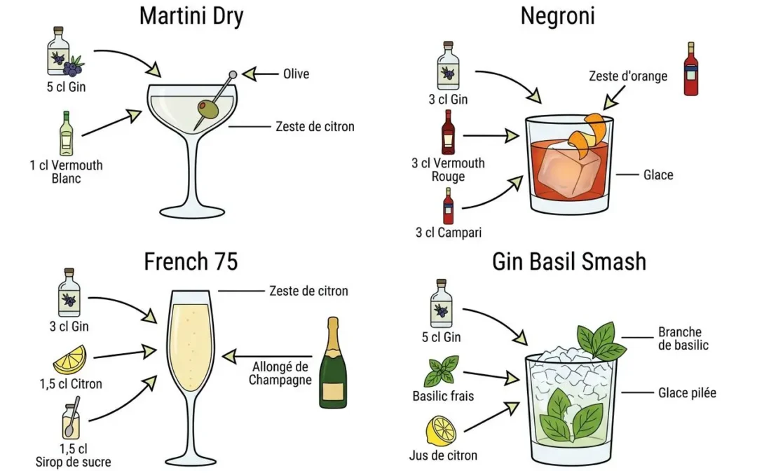 Cocktail avec gin et fruits: Martini Dry, Negroni, French 75 et Gin Basil Smash montrant les fruits et agrumes comme zeste de citron, orange et basilic.