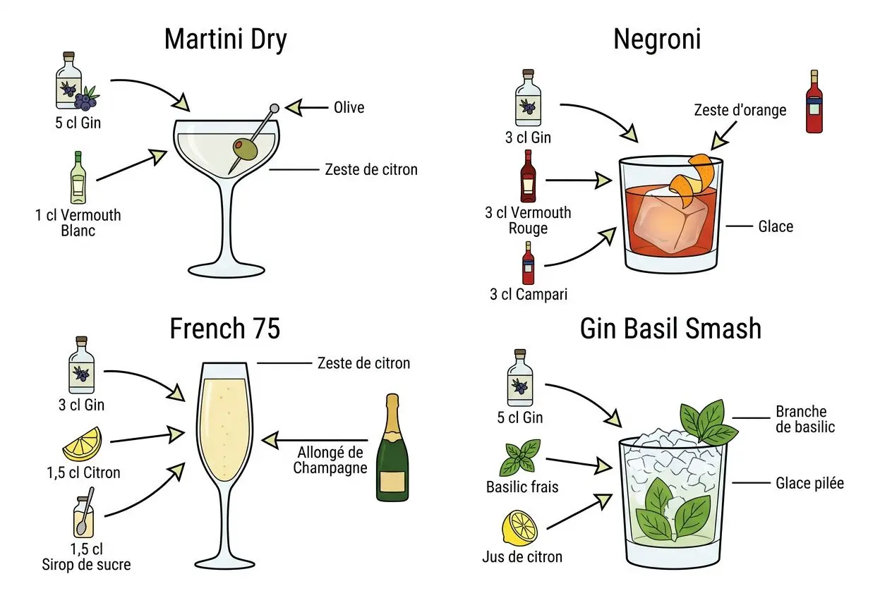 Cocktail avec gin et fruits: Martini Dry, Negroni, French 75 et Gin Basil Smash montrant les fruits et agrumes comme zeste de citron, orange et basilic.
