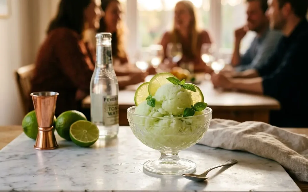 Glaçons et sorbet au citron vert dans un coupe-glace, décor menthe, bouteille et citrons verts autour sur une table. gin mojito recette suggérée.