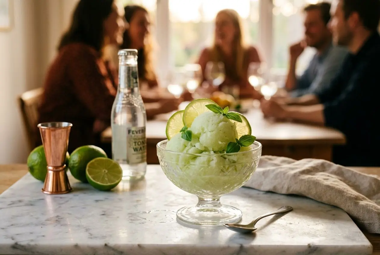 Glaçons et sorbet au citron vert dans un coupe-glace, décor menthe, bouteille et citrons verts autour sur une table. gin mojito recette suggérée.