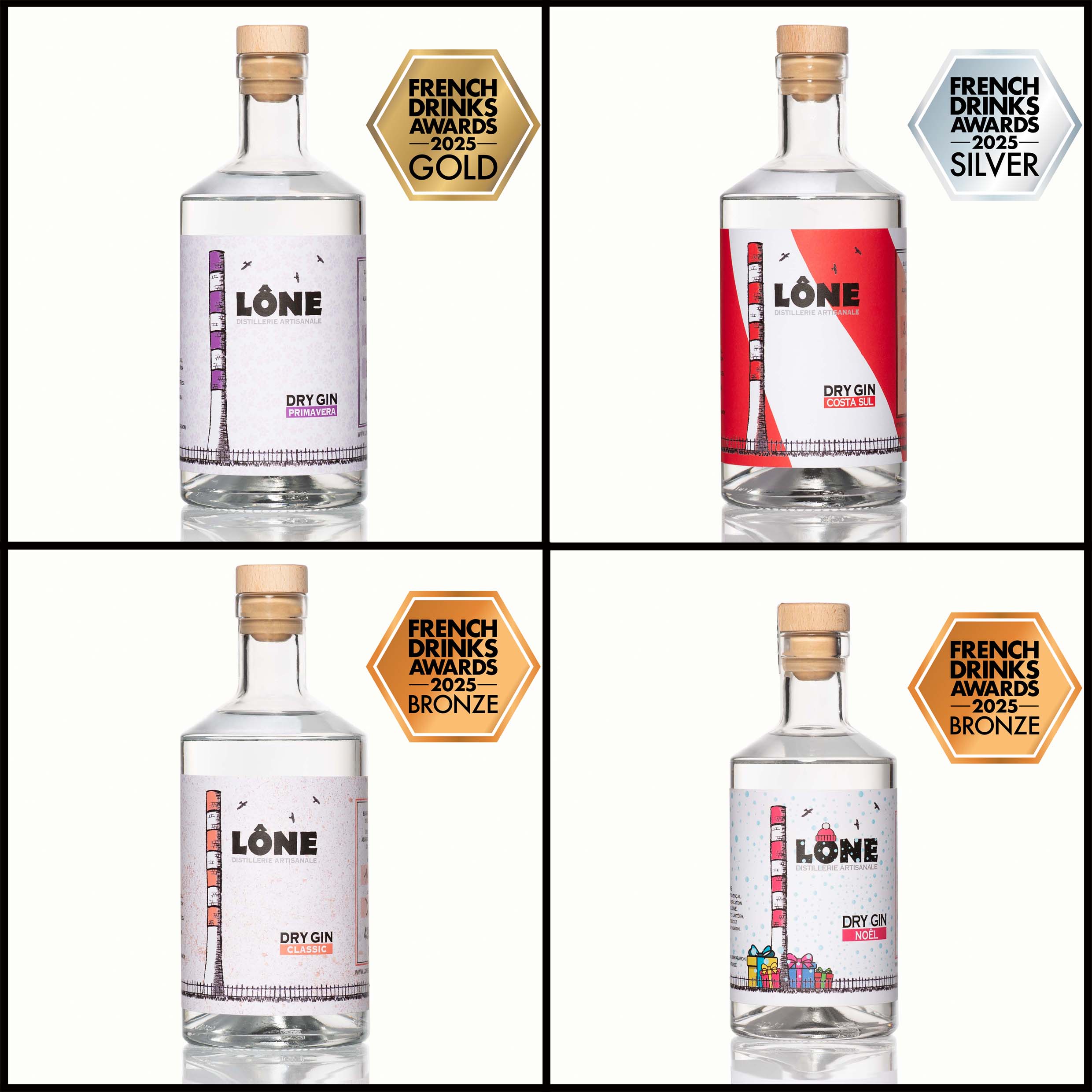 Quatre bouteilles de gin en collage, chaque flacon LONE avec étiquettes blanches et dessins colorés; recompenses affichées: Gold, Silver et Bronze des French Drinks Awards 2025, chacun en coin. gins artisanaux français récompensés.