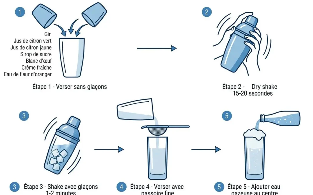 Recette de boisson alcoolisée: montage étape par étape du gin au citron et glaçons, shake et service avec eau gazeuse pour un dessert rafraîchissant. cuisine au gin dessert.