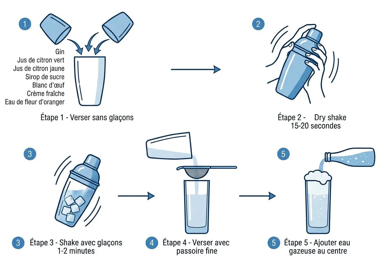 Recette de boisson alcoolisée: montage étape par étape du gin au citron et glaçons, shake et service avec eau gazeuse pour un dessert rafraîchissant. cuisine au gin dessert.