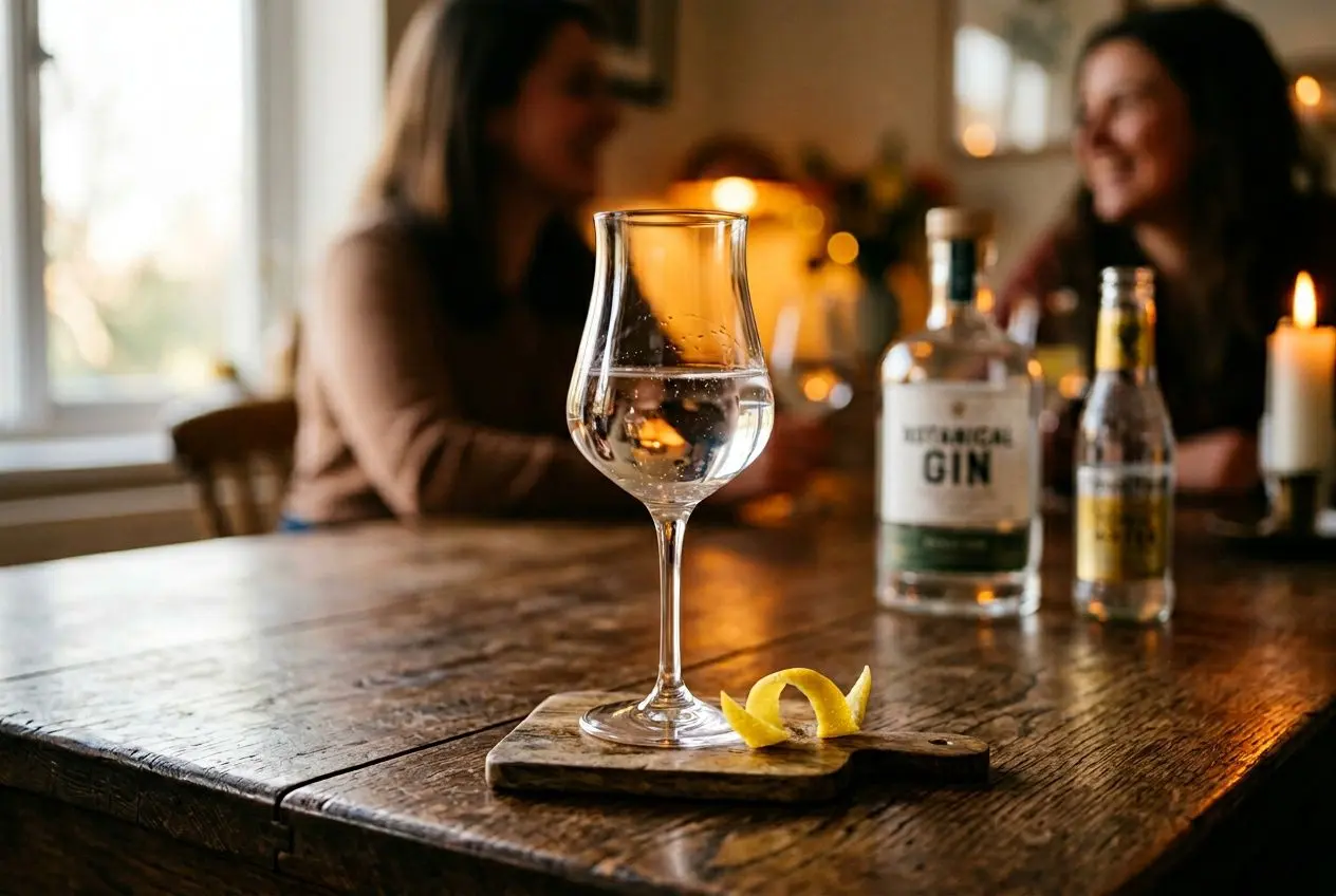 Verre à gin sur planche en bois avec zeste, bouteille de gin et garnish, ambiance chaleureuse en arrière-plan. Gin premium français botaniques.